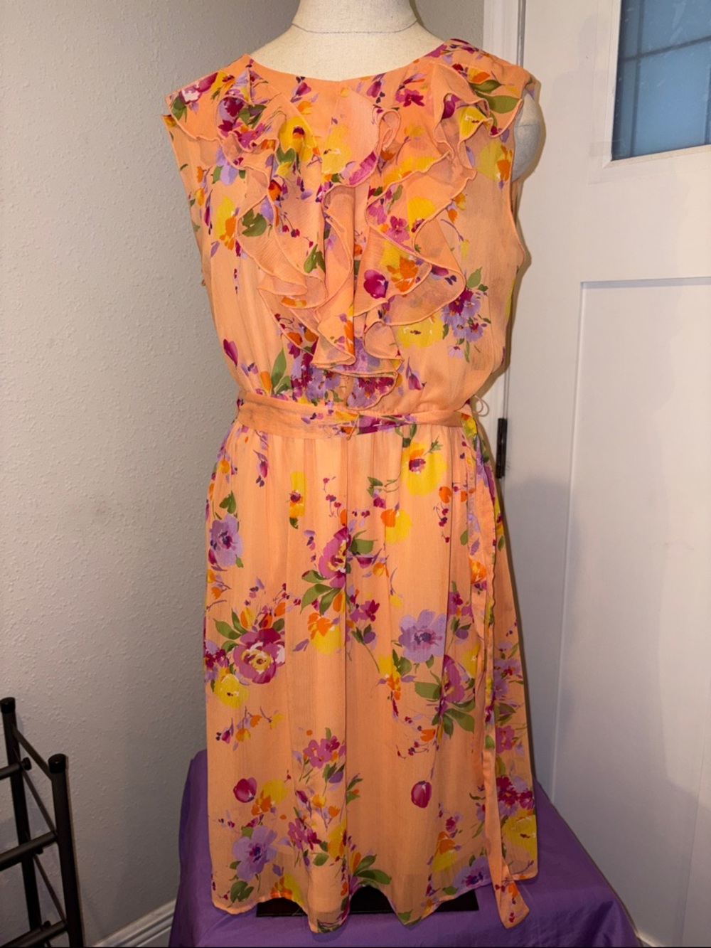Emma & Michele Peach Floral Ruffle Midi Dress